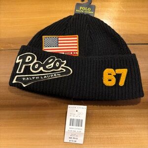 Polo Ralph Lauren Black Knit Wool Blend 3 Patch Beanie